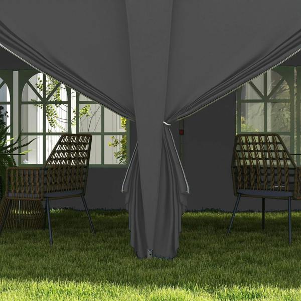 Grey pop-up gazebo interior with side windows, gathered curtains, and chairs