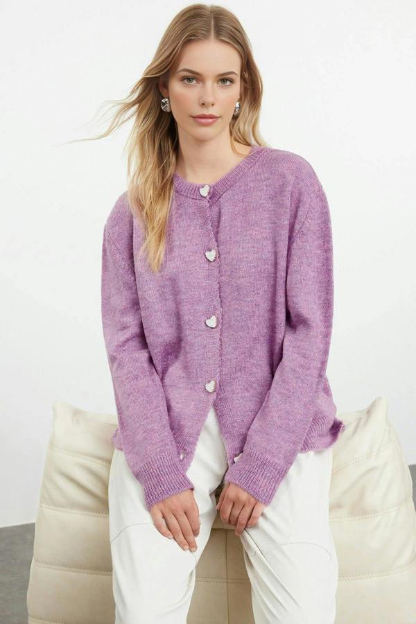 WOVCOR Soft-Textured Knit Cardigan with Jewelry Button Detail