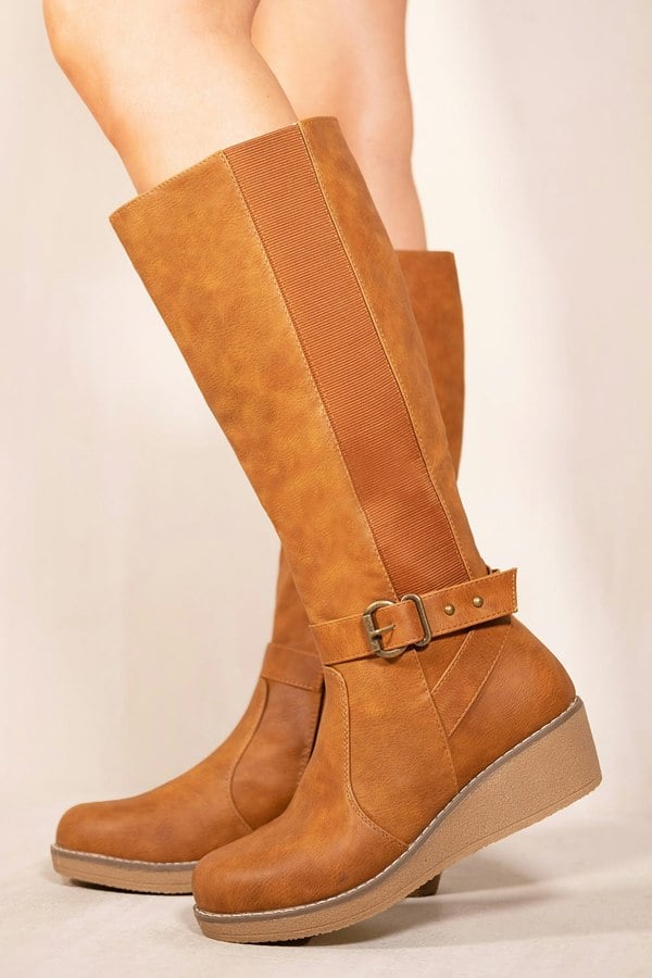 Where's That From Ayleen Wedge Heel Knee High Boots With Elastic Panel in Tan Brown Faux Leather