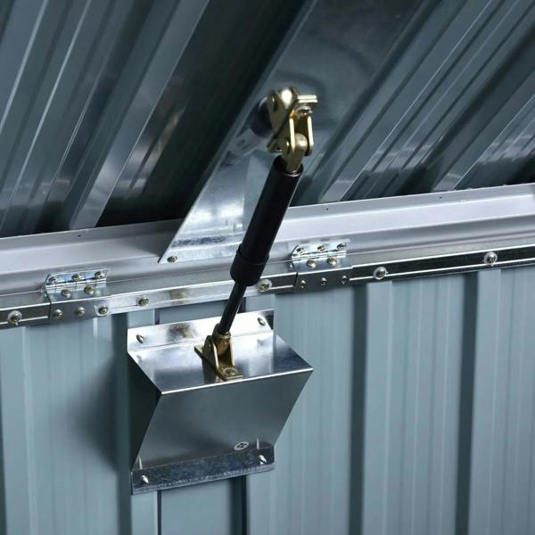 Black and silver storage shelter lid latch mechanism with mounting bracket