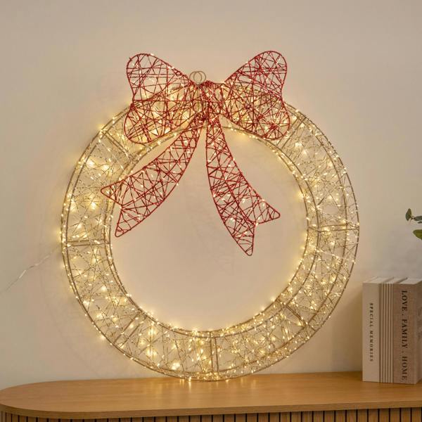 Samuel Alexander 70cm Light Up Christmas Wreath with 750 Warm White LEDs, Timer & Red Bow