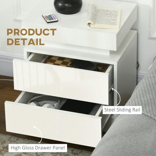 Wyld Haus Rema High Gloss White Bedside Table With LED Lighting And 2 Drawer Storage