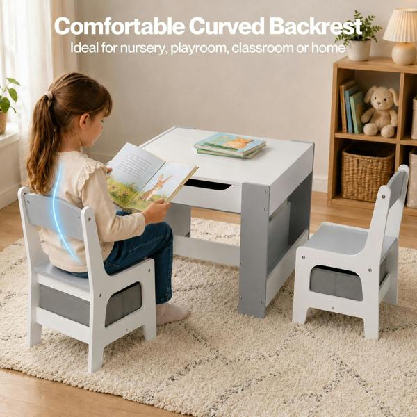 Dekko Kids Table and Chairs Set 2-in-1 Flip Top Storage Activity Play Study Grey
