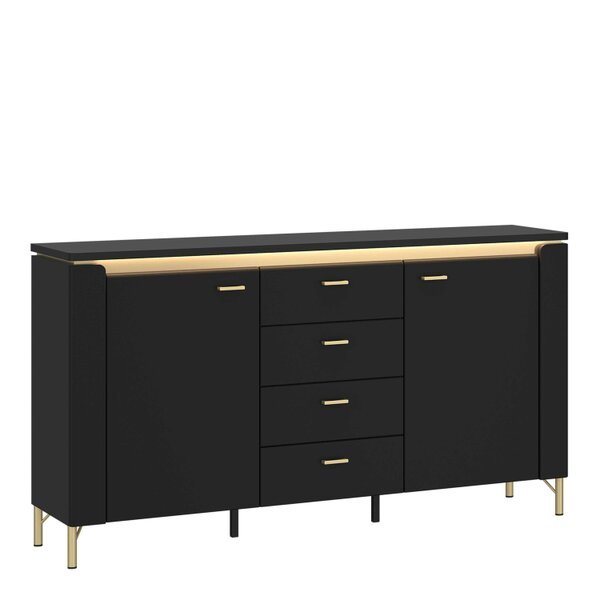Wyld Haus Marslet Black and Gold Sideboard 2 Door 4 Drawer with LED Lights