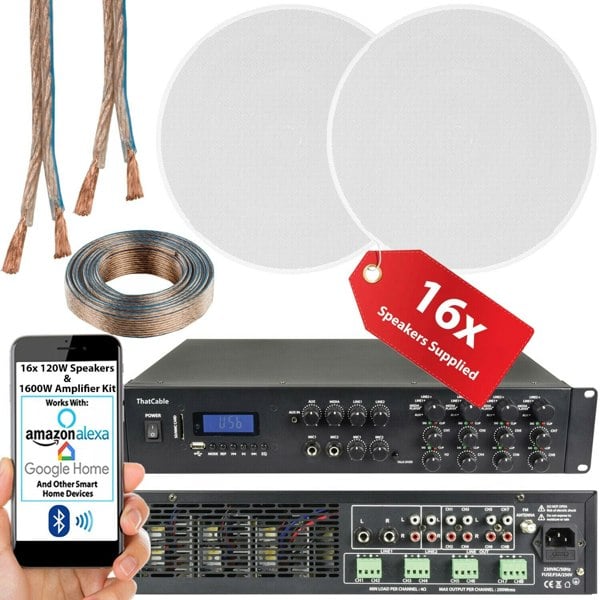 1600W Loud Bluetooth Sound System 16x 120W Slim Ceiling Speaker 8 Zone Amplifier