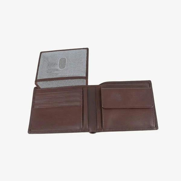 Open view of drak Brown leather wallet with a clear card holder on a white background