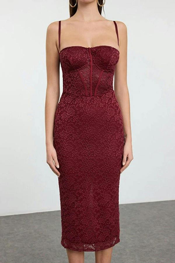 WOVCOR Lined Lace Knit Midi Evening Dress