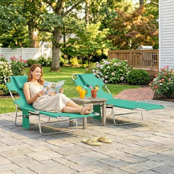 Bobobiy 5-Position Adjustable Sun Loungers Set of 2 with Reading Hole and Side Pocket, Green - Green