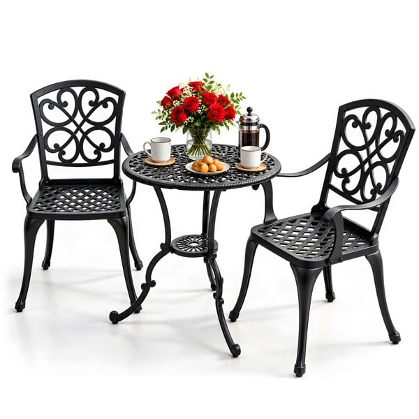 Homeology VIVALDI Black 3-Piece Cast Aluminium Garden Bistro Set - Round Table & 2 Generously Sized Chairs - for Patio, Balcony & Conservatory
