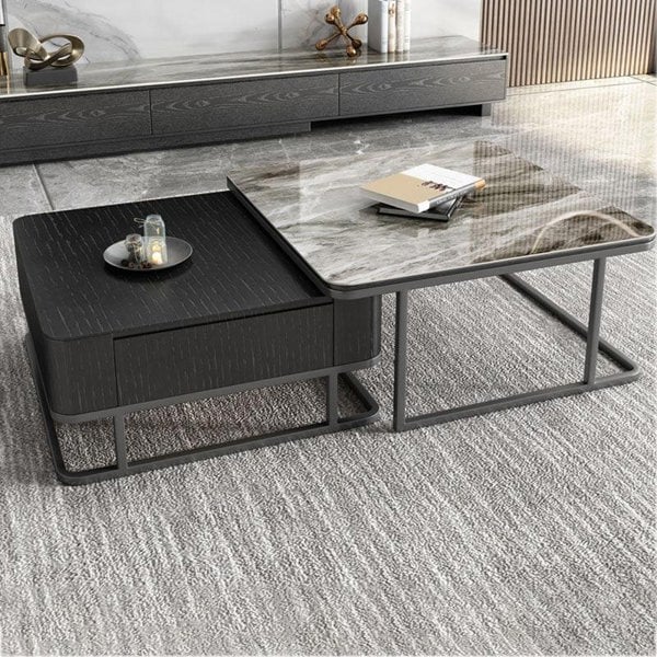 Nathan Nesting Coffee Table Set, Sintered Stone-Weilai Concept-Black Wooden Top (S) + Galaxy Grey Marble Effect Top (L)-No-Weilai Concept