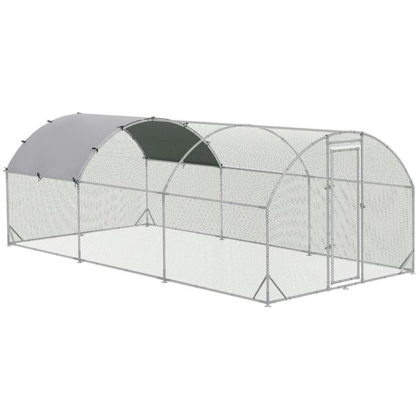 Galvanized chicken coop with cover, arched wire enclosure and front door