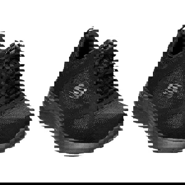 Skechers Dynamight 2.0 Fallford Mens Lace Up Memory Foam Casual Trainers, black athletic sneaker with mesh and synthetic upper featuring the Skechers logo.