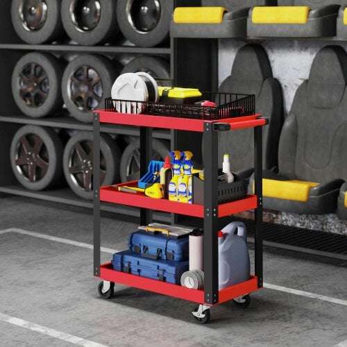 HOMCOM Tool Utility Cart Heavy Duty Swivel Castors Black Red