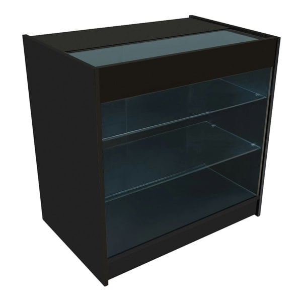 Hera LED Shop Counter Set in black with glass shelves, sleek design, and modern finish, ideal for retail displays and merchandising