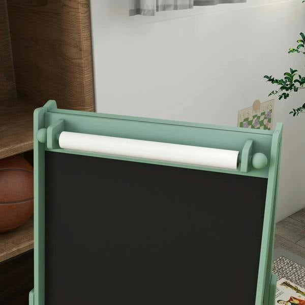 Green kids art easel with blackboard panel and rolled paper bar at the top