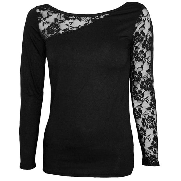 Spiral Direct Womens/Ladies Lace Shoulder Long-Sleeved Top - Black