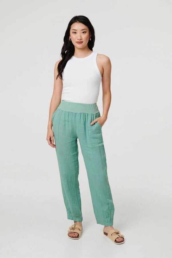 Izabel London Relaxed Linen Blend Tapered Trousers - Sage