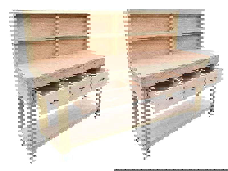 Wooden eucalyptus Top Workbench – Mobile Tool Cabinet with Drawers, Back Panel and wheels, Ideal for Dry Indoor Spaces Such as Garages, Workshops, and Studios.