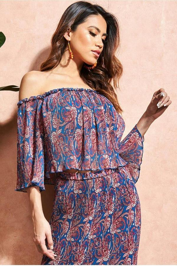 Off The Shoulder Printed Crop Top - Blue T187