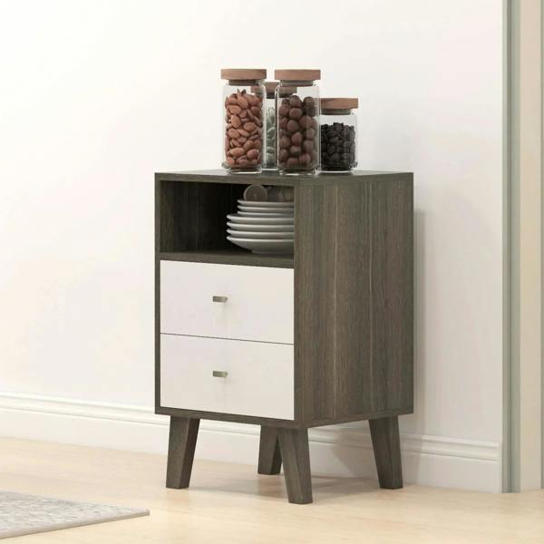 Grey bedside table with two drawers and open shelf, styled with jars and stacked dishes