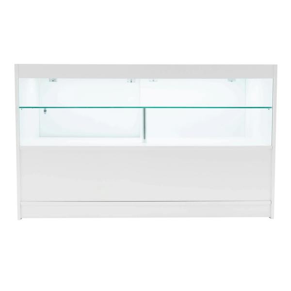 Andromeda LED shop counter set in white, featuring a sleek design, glass shelves, and integrated lighting for display purposes