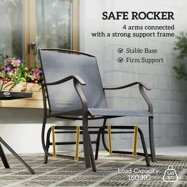 Grey rocking chair with sturdy metal support frame and curved armrests