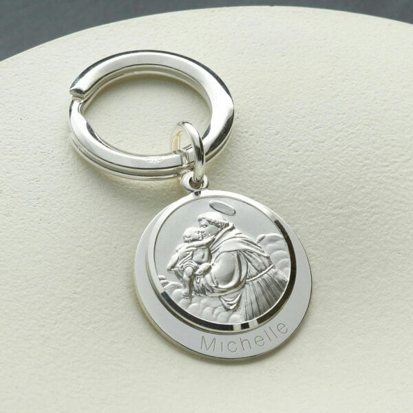 Christopher James of London Sterling Silver Personalised Round St Anthony Keyring With St Anthony Prayer