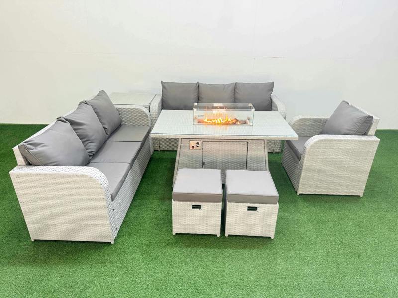 Fimous 9 Seater Poly Rattan Garden Furniture Patio Set, Firepit Table, 3 Seater Sofa, Reclining Chair, 3 Seater Sofa, Stools, Side Table, Light Grey