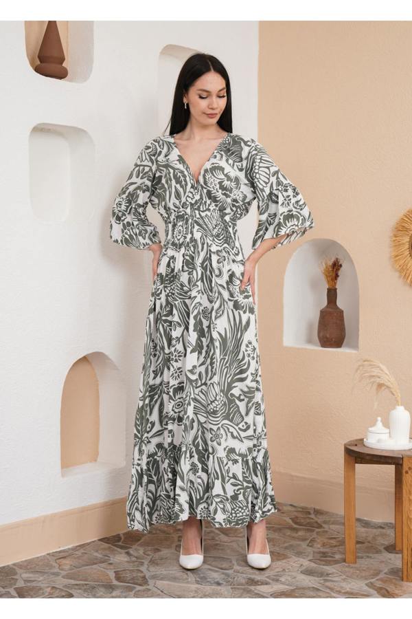 Hoxton Gal Oversized V Neck Shirred Waist Floral Print Maxi Dress in Khaki