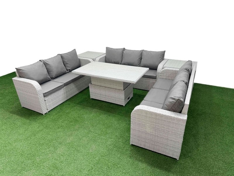 Fimous 9-Seater PE Rattan Outdoor Lounge Sofa Set | Adjustable Dining/Coffee Table, 3-Seater Sofa, 2 Side Tables | Light Grey