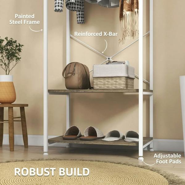 White painted steel coat rack with grey shelves and reinforced X-frame support