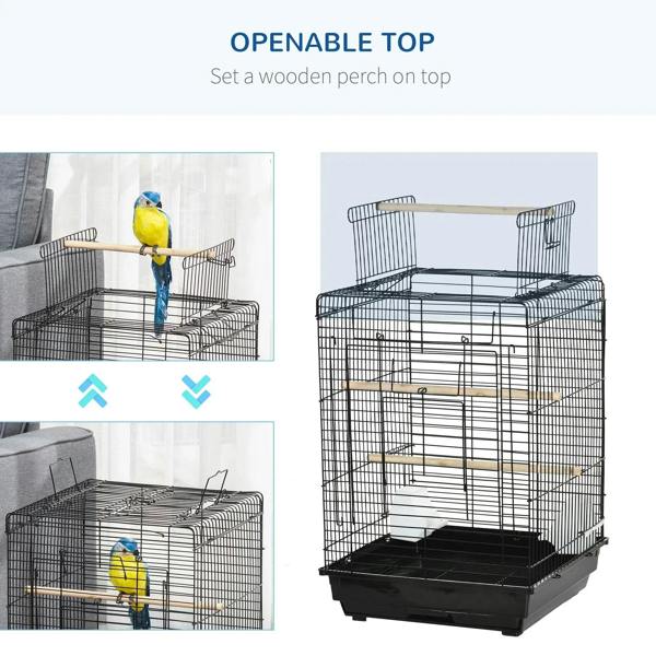 Black birdcage with openable top and top perch