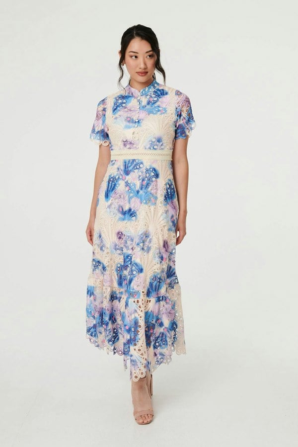 Blue | Floral Lace Trim High Neck Maxi Dress
