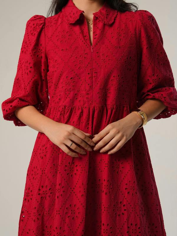 Rose & Nancy Lucille Red Embroidered Midi Shirt Dress&nbsp;