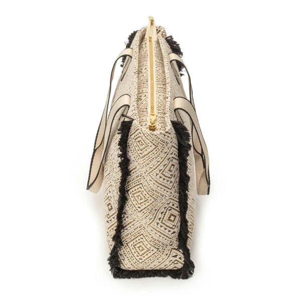 Elie Beaumont Summer Tote - Fringe Black Diamond Jacquard weave