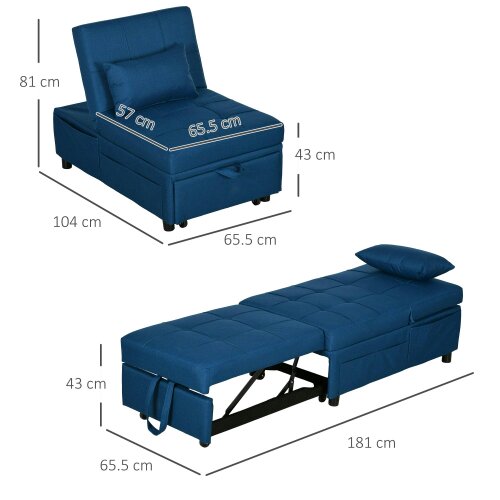 Wyld Haus Leve Fabric Blue 4 In One Convertible Chair Bed With Adjustable Back Side Pocket Wheels And Pillow