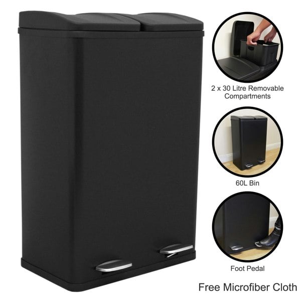 Monstershop 60L Dual-Compartment Kitchen Pedal Bin - Black