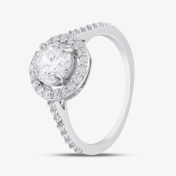T. H. Baker Silver Brilliant Cut Cubic Zirconia Shoulder Set Halo Ring R6845