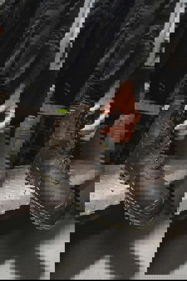 Apache Churchill Mens FIT GO Composite Toe S7S Safety Ankle Boots, brown waterproof safety work boots with ankle support and rugged sole.