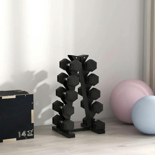 Black hex rubber dumbbells on storage rack with multiple weight pairs
