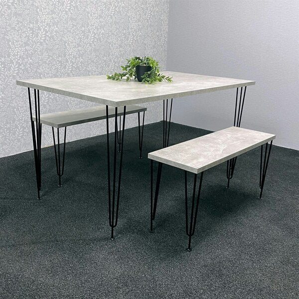 Kosy Koala Grey Dining Table with Hairpin Legs & 2 Matching Benches Set for Kitchen & Dining Room