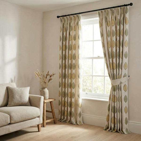 Ollie made-to-measure curtains in Green, styled in a living room