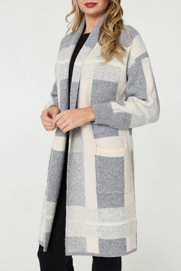 Grey | Checked Open Front Longline Cardigan
