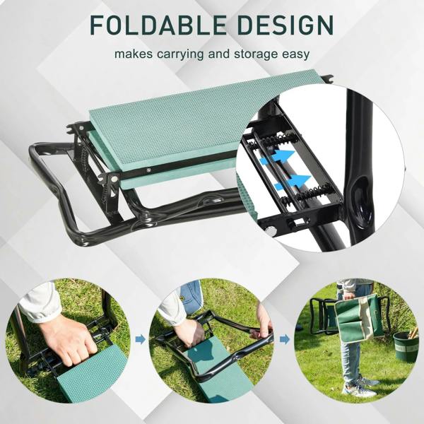 Green padded garden kneeler with foldable steel frame for easy storage