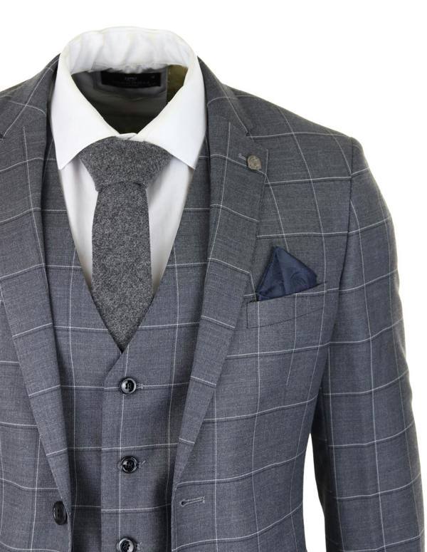Paul Andrew Mens Grey Suit 3 Piece Check Vintage Retro Smart Wedding Classic Tailored Fit
