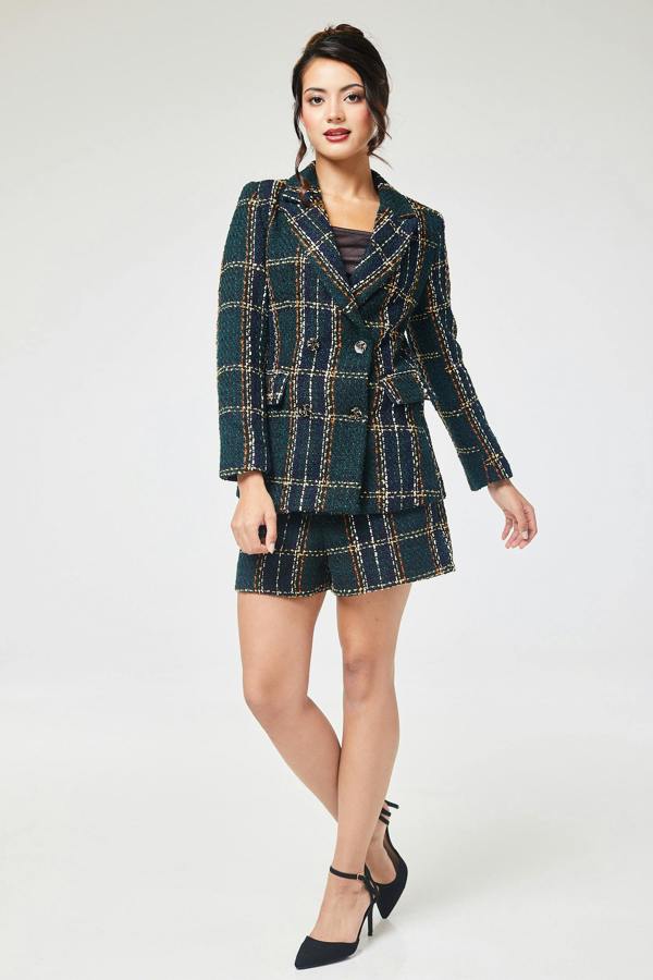 LuvForever Green Check Tweed Short Pant Suit