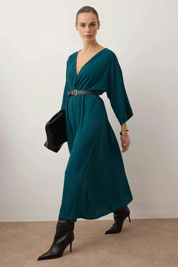 Belted A-Line Wrap Collar Batwing Sleeve Midi Dress