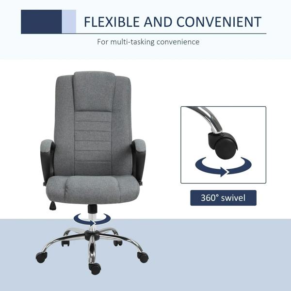 Dark grey office chair with 360° swivel and curved padded back