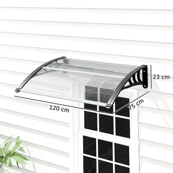Front door canopy awning, clear ribbed panel, 120x75 cm with side mounts