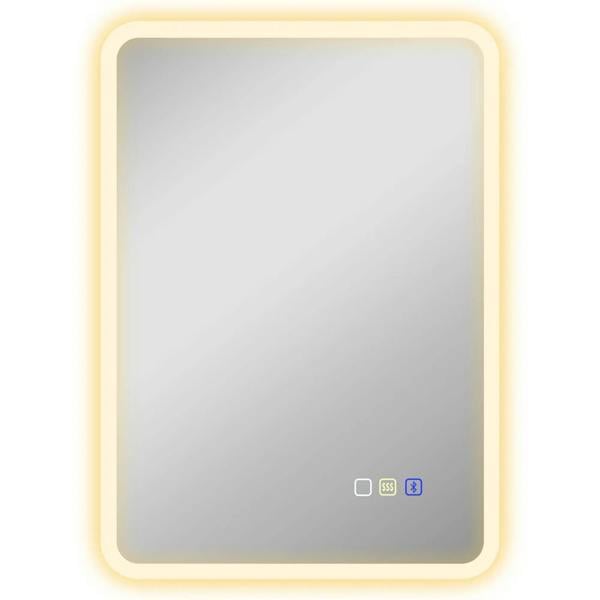 Square LED bathroom mirror with silver frame and backlit glow, touch control icons